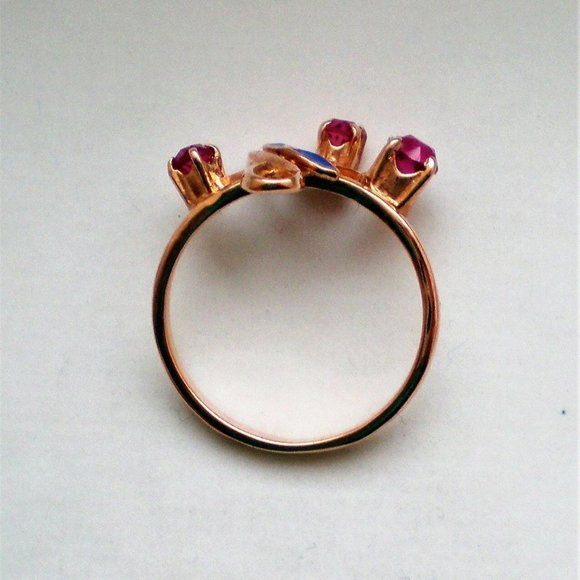 Vintage Russian Russia 14K 583 Rose Pink Gold Ruby Cluster Enamel Flower Ring - Picture 5 of 7